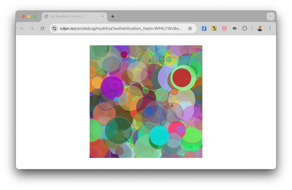 A screenshot of a generative art pen in CodePen's Debug View in Chrome.